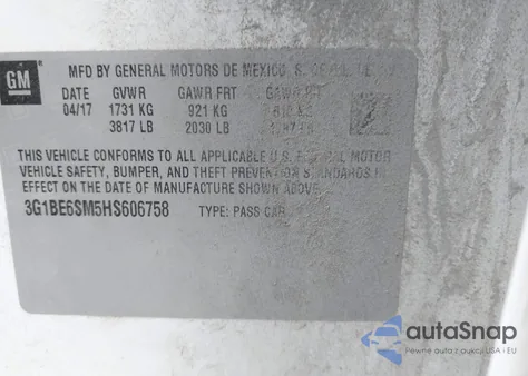 2017 Chevrolet Cruze Lt Auto from USA, damaged, VIN 3G1BE6SM5HS606758